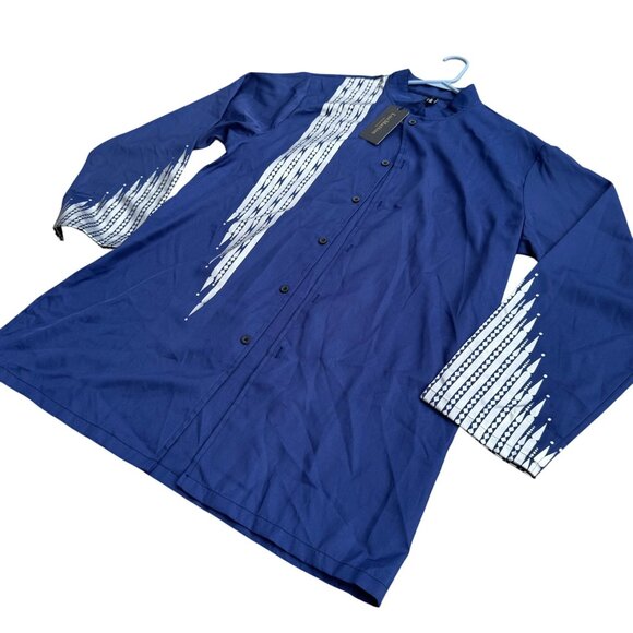 LucMattan Mens Button-Down Shirt Navy Blue XL Cotton Long Sleeve Printed New Wit - Picture 8 of 11